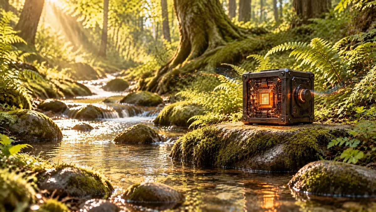 An AI tech cube in harmony with nature