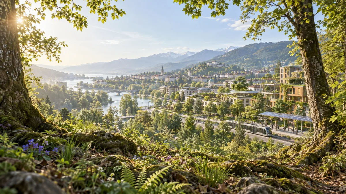 Forest with utopian city in harmony
