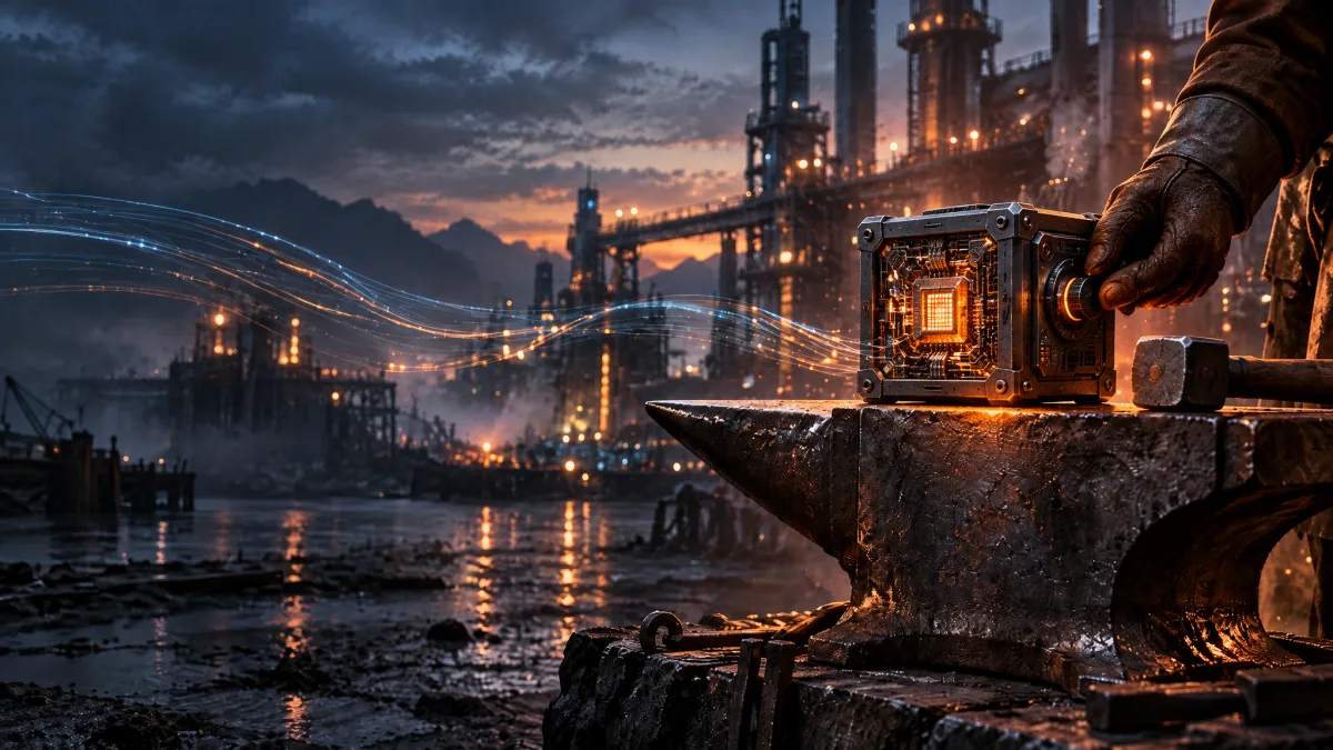 An AI tech cube is forged in an iron works