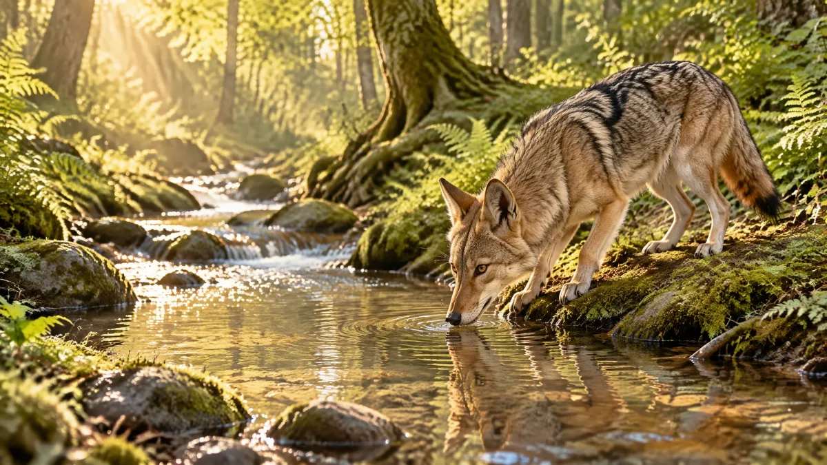 Jackal on a log looking into the distance