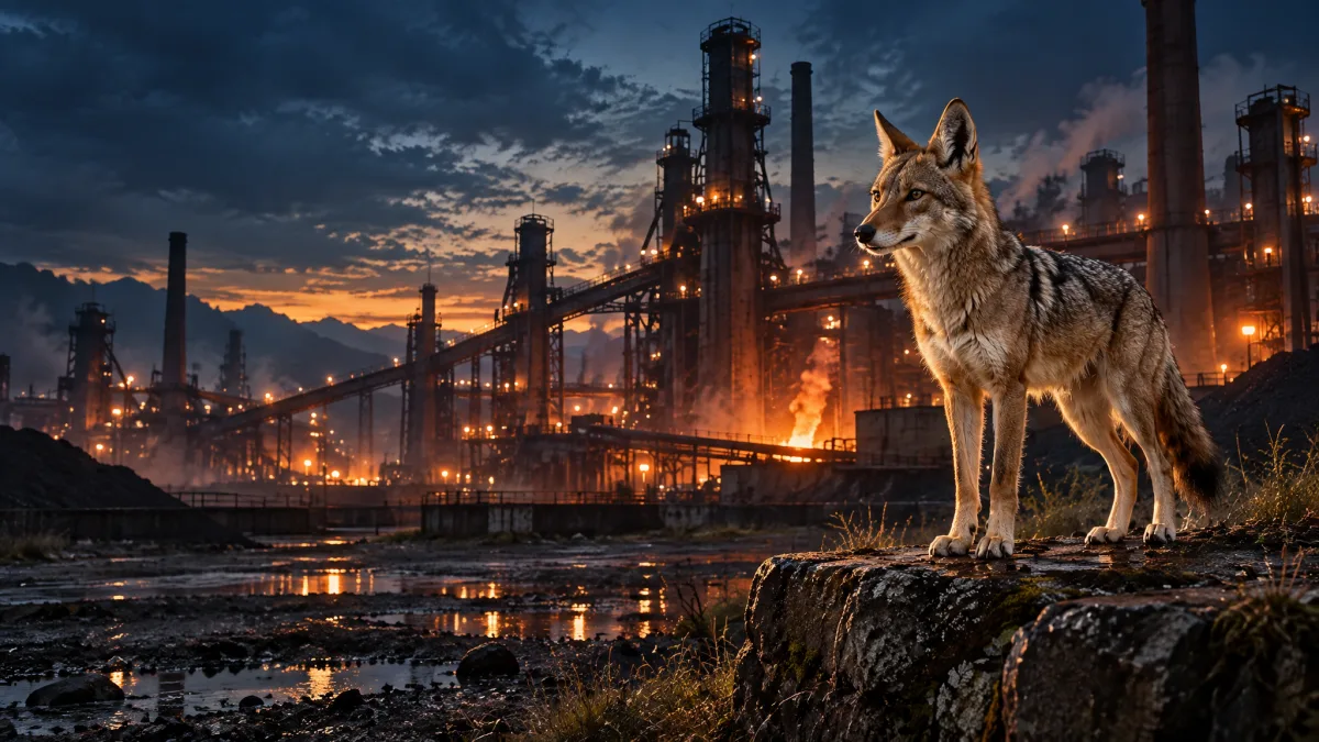 Jackal in front of an iron works