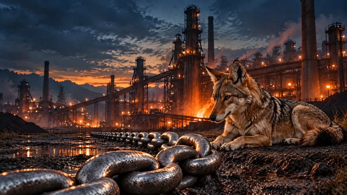 Jackal in front of an iron works
